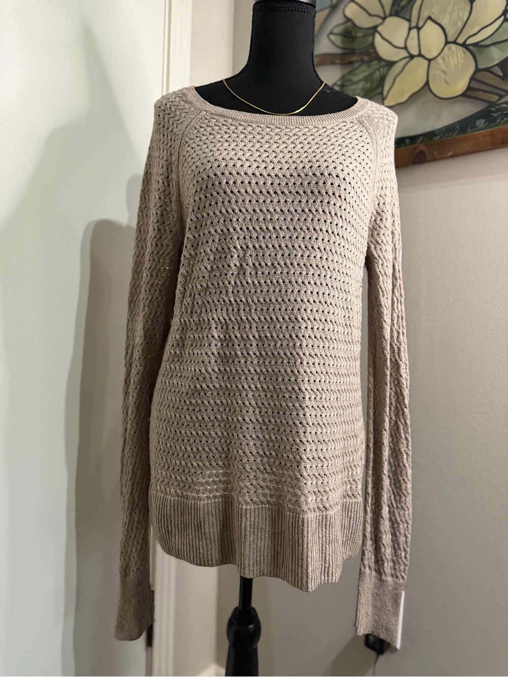American Eagle Outfitters Light Taupe Open-Knit Sweater